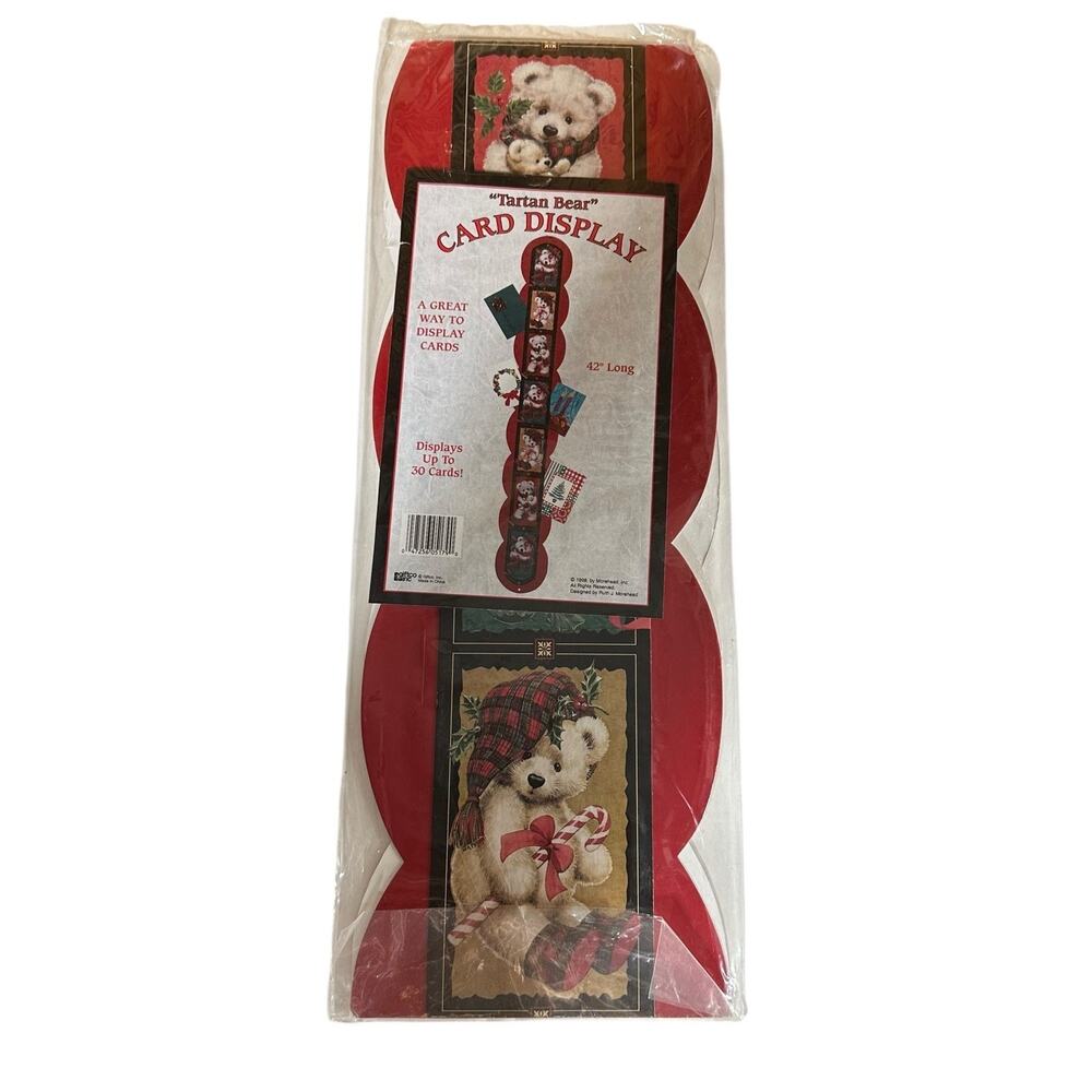 Vtg 90s Tartan Bear Christmas Holiday Card Display 42" Long Holds Up To 30 Cards